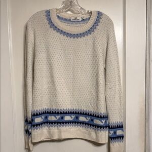 Vineyard Vines Cream and Blue Patterned Holiday Sweater